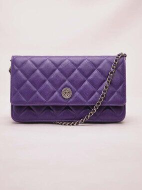 Authentic Chanel Quilted Wallet On Chain WOC Purple Caviar Leather Silver Chain